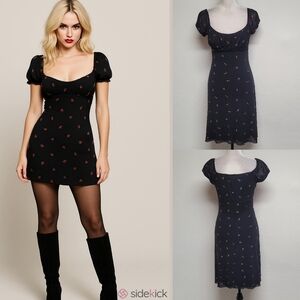 Rampage Vintage 80s Whimsigoth Black Red Ditsy Floral Puff Sleeve Babydoll Dress